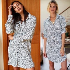 Emerson Fry White and Black Long Sleeve Button-Front Shirt Dress